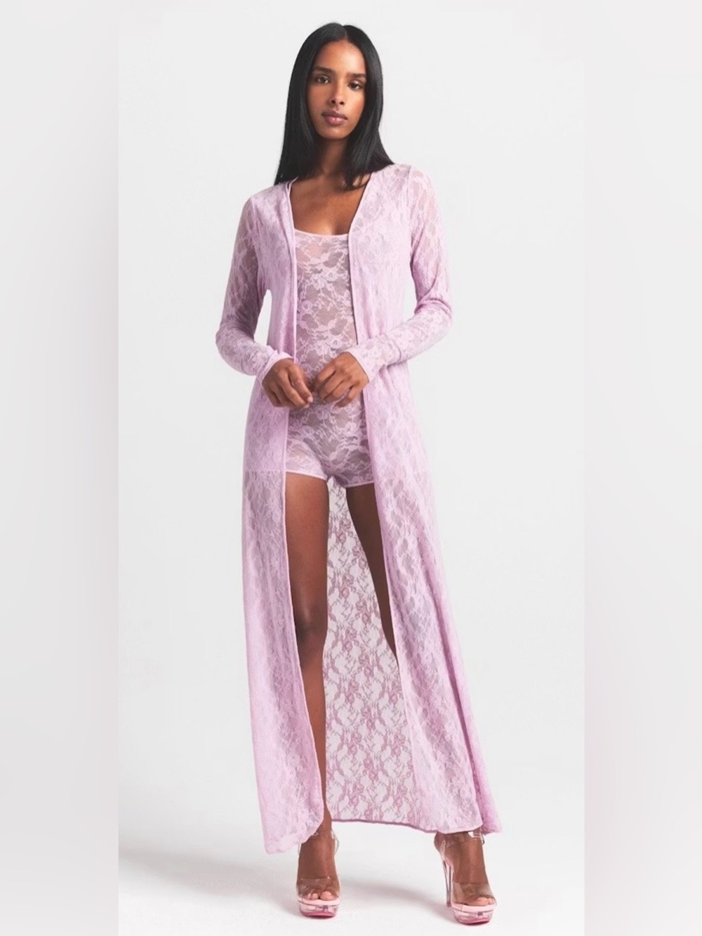 SKIMS Baby Pink Stretch Lace Robe